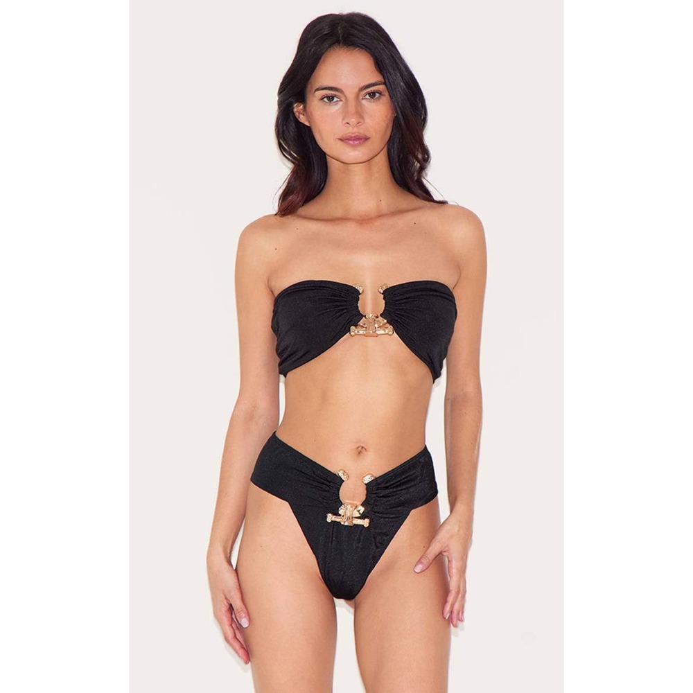 NWT PrettyLittleThing Black Hammered Trim Bandeau Bikini Top SIZE US 4